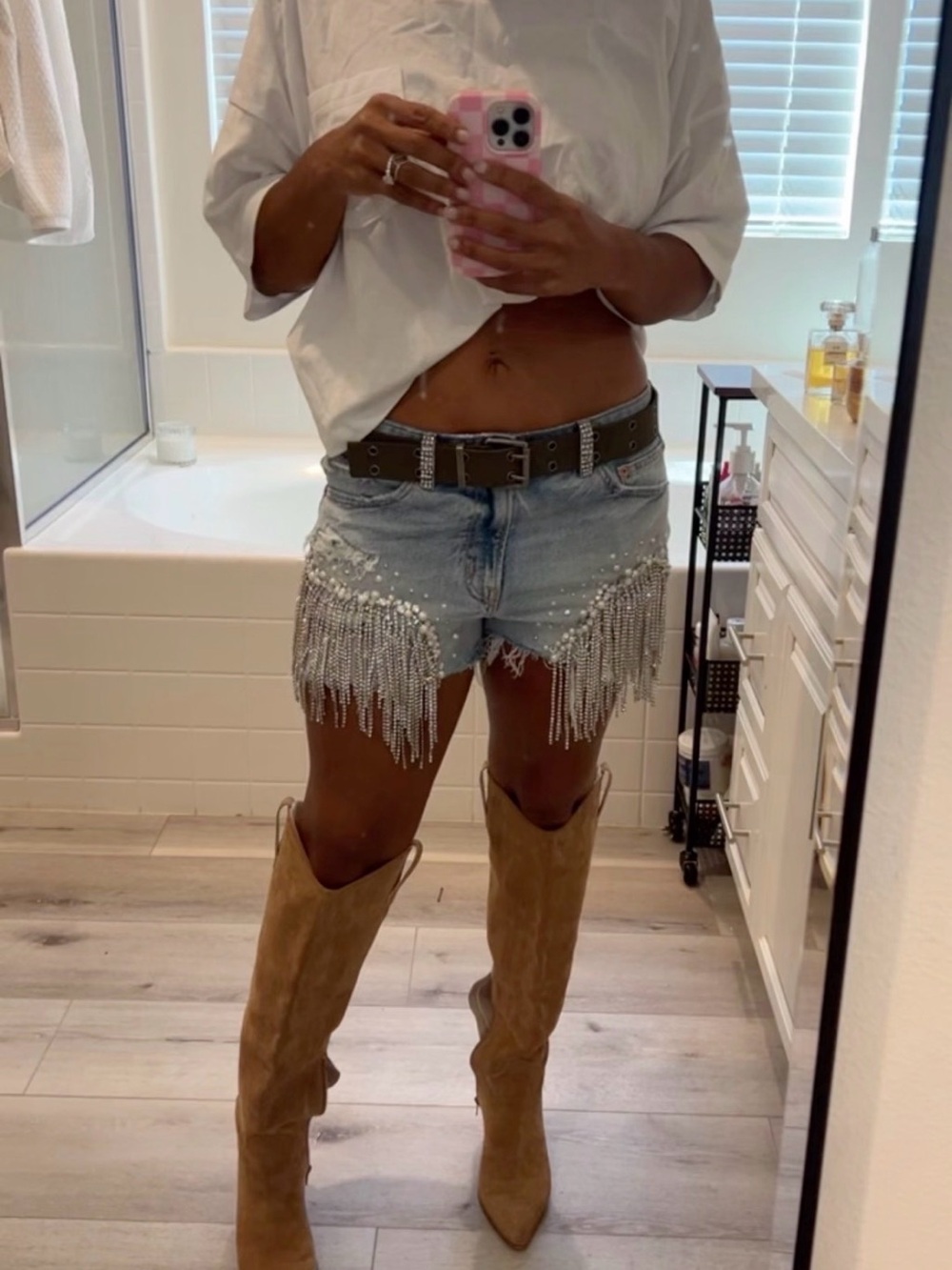 American Eagle Hand-Embellished Rhinestone Pearl Fringe Denim Festival Shorts - Picture 5 of 17